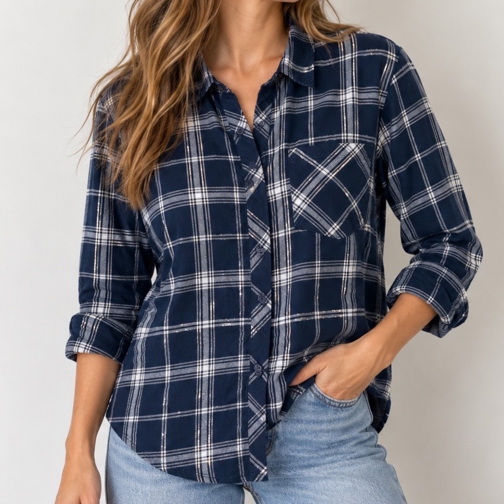 Faded Glory Navy Plaid Metallic Shimmer Flannel Shirt L 12-14 Cotton Cabincore